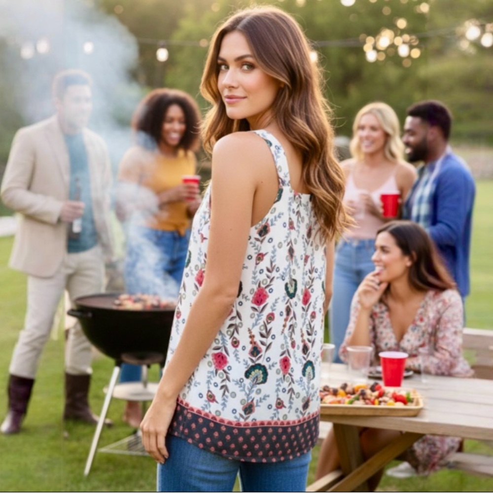 LOFT White Floral Border V-Neck Tank - Picture 3 of 6